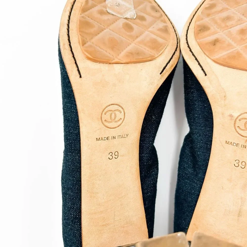 Chanel Elastic CC Logo Blue Denim Pumps High Heels Size 39 US 8-8.5